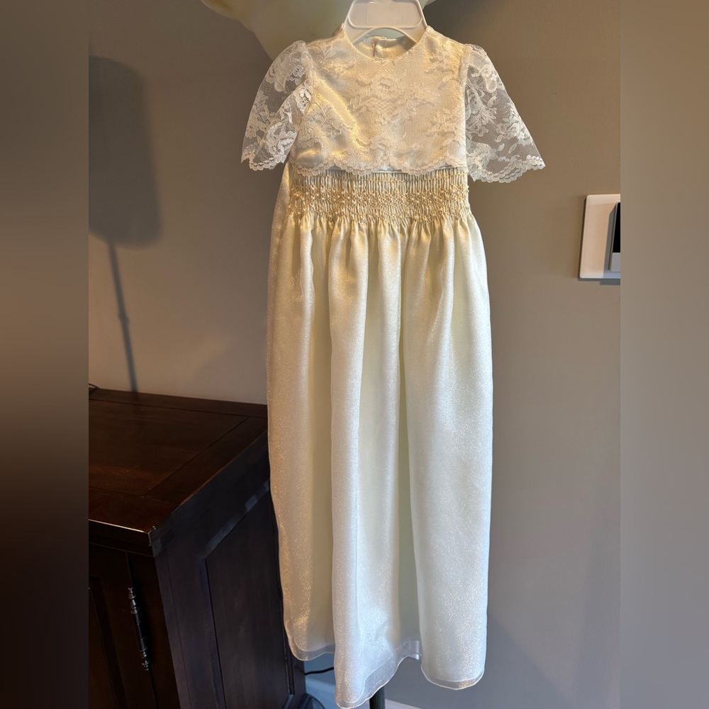 Brand New Ivory Christening Gown Lace Smocked Long Baptism Dress Family Heirloom